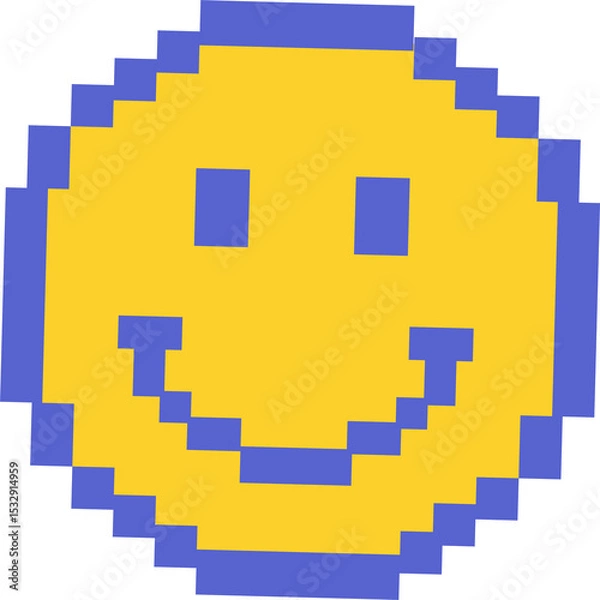 Obraz Pixel art smiling face is being shown on transparent background with yellow circle and blue details
