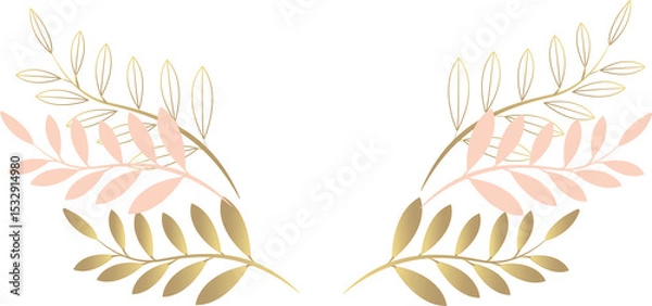 Obraz Stylized gold and pink leaf branches are forming laurel pair in flat style on transparent backdrop