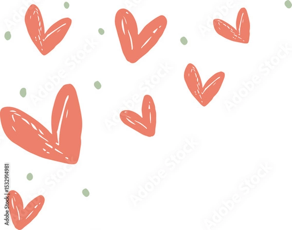 Obraz Multiple hand-sketched coral hearts are floating on transparent background with pale green accents