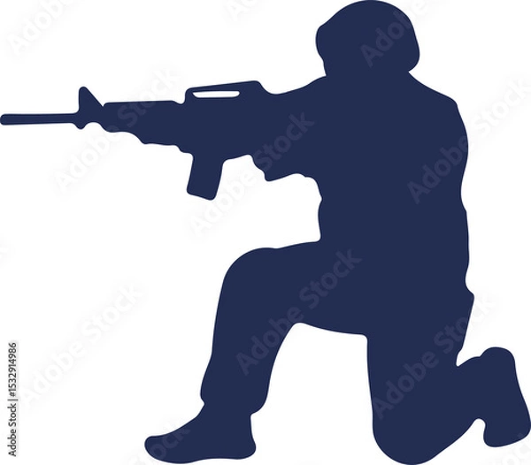Fototapeta Dark blue soldier silhouette kneeling and aiming rifle in flat design with transparent background