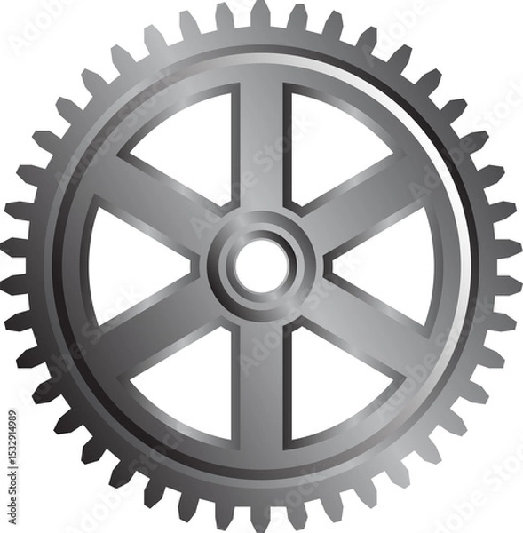 Fototapeta Showing metallic cogwheel spinning in 3D render with six spokes and toothed rim, transparent