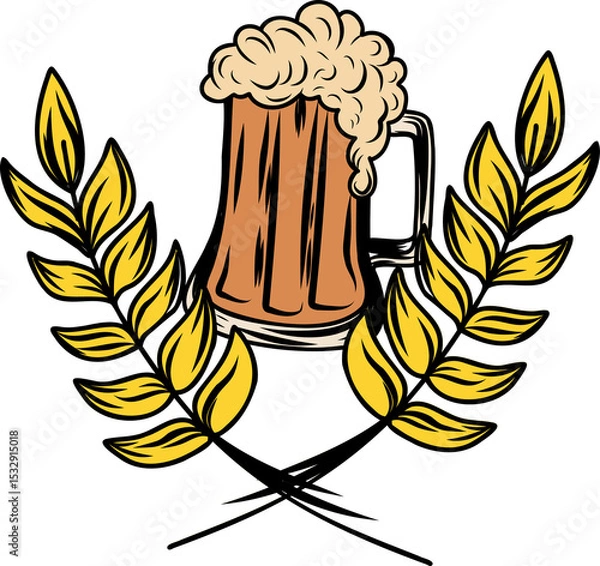 Fototapeta Featuring amber beer mug overflowing foam framed by laurel branches in emblem on clear background