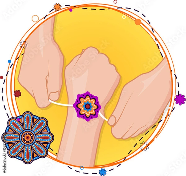 Fototapeta Flower-adorned rakhi bracelet is being tied on wrist in flat design, with transparent backdrop
