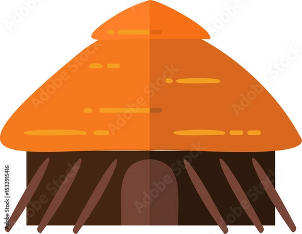 Obraz Showing flat hut with orange thatched roof, wooden poles, arched doorway, transparent background