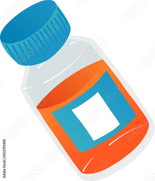 Fototapeta Pill bottle is tilting in flat style, featuring blue cap and orange label on transparent background