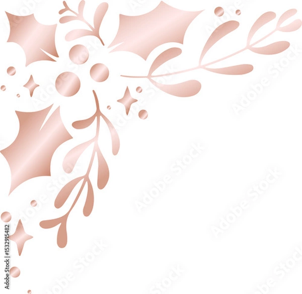 Fototapeta 3D render rose gold flourish is glowing on transparent background, with leaf and berry shapes