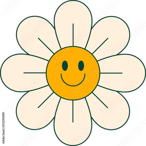 Obraz Cartoon daisy flower is smiling in flat vector with cream petals and yellow center, transparent