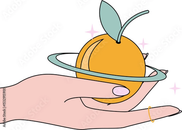 Obraz Flat illustration is showing hand holding orbited orange fruit, mint leaves, transparent background
