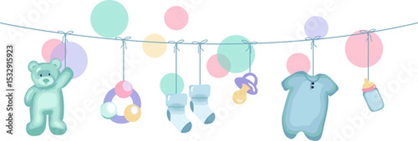 Fototapeta Nursery clothesline is showing pastel teddy, rattle, socks on transparent backdrop in flat style