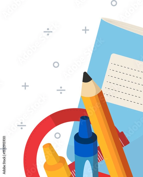 Fototapeta Digital art is showing school supplies and math symbols on transparent canvas with pencil, notebook