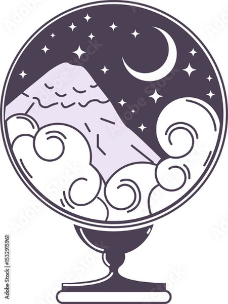 Fototapeta Flat design showing glass globe on pedestal with mountain, moon  and  stars, transparent background