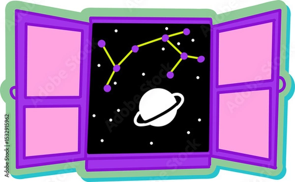 Fototapeta 2D shuttered window showing ringed planet, constellation, stars, transparent background, copy space