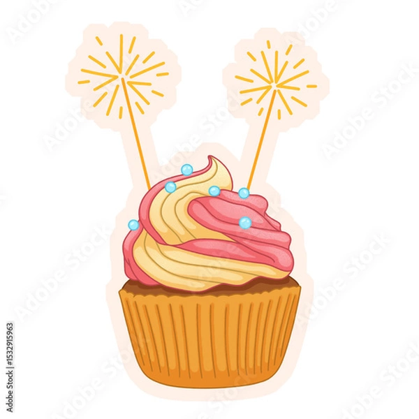 Fototapeta Cupcake is glowing with swirled frosting, sprinkles and sparklers in flat art on transparent layer
