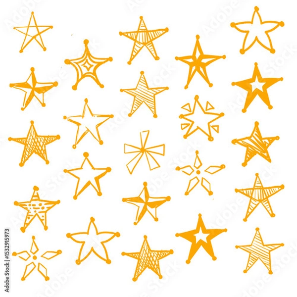 Fototapeta Displaying flat-design orange stars in transparent grid, showing unique hand-drawn doodle shapes