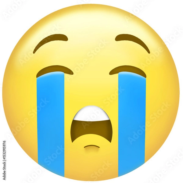 Fototapeta Stylized crying face emoji is appearing in vector style, with blue tears on transparent backdrop