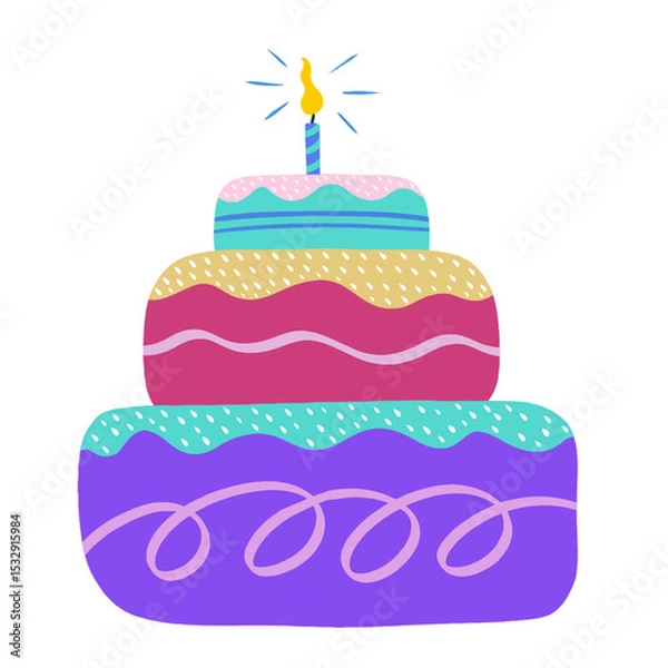 Obraz Tiered cake is featuring pastel icing and striped candle in flat design on transparent background
