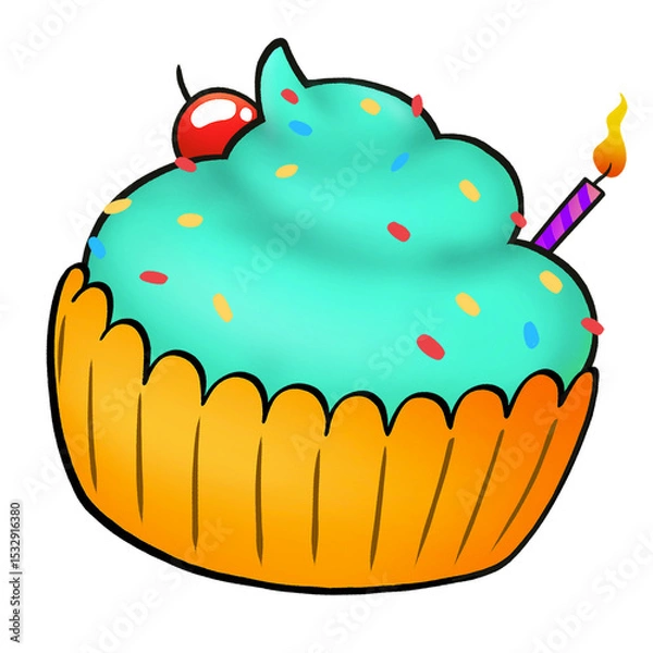 Fototapeta Cartoon cupcake is floating on transparent background, teal frosting, sprinkles, cherry, lit candle