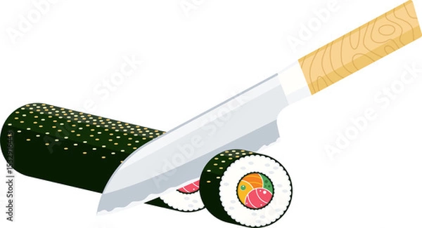 Fototapeta Flat design Japanese knife is slicing sushi roll with rice and fillings on transparent background