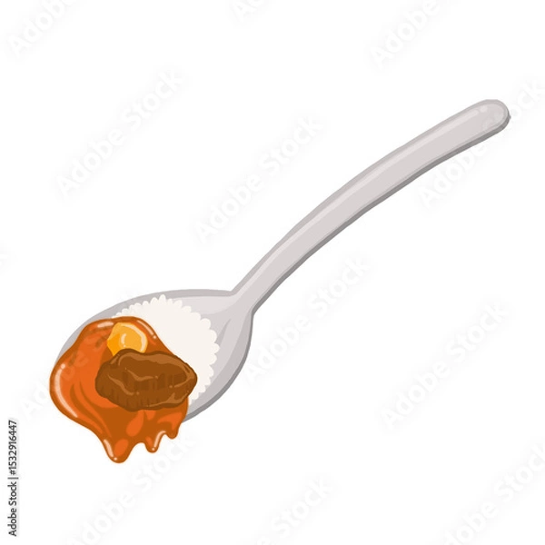 Obraz Spoon is holding white rice dripping curry sauce and meat chunk, flat design transparent backdrop