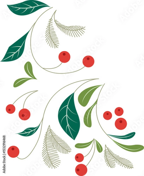 Obraz Vector botanical illustration is showing green leaves and red berries on transparent background