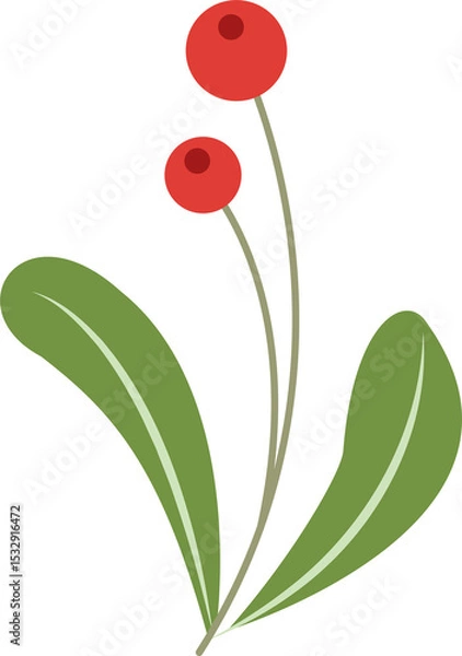Obraz Plant branch is showing red berries with green leaves in flat design with transparent background