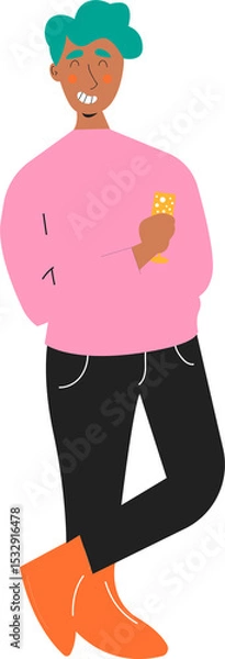Obraz Cartoon man is standing with crossed leg, sipping bubbly drink, flat vector transparent background