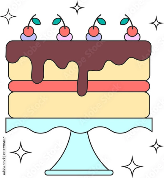 Obraz Flat two-tier cream cake is sitting on blue scalloped stand with sparkles, transparent background