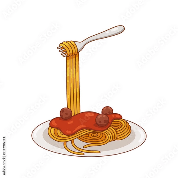 Fototapeta Flat illustration showing plate of spaghetti with fork lifting noodles, transparent background