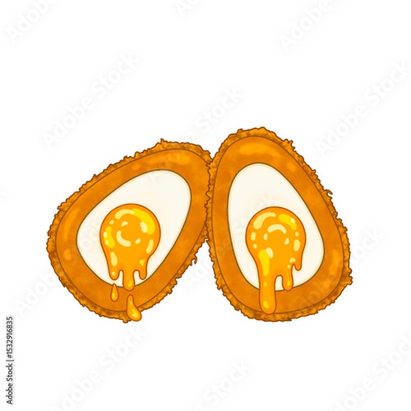 Fototapeta Flat design is showing two breaded egg halves in crispy coating, runny yolk on transparent backdrop