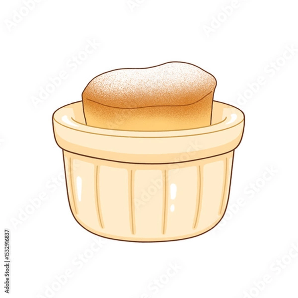 Obraz Soufflé is rising in flat design ceramic ramekin, with powdered sugar on transparent background