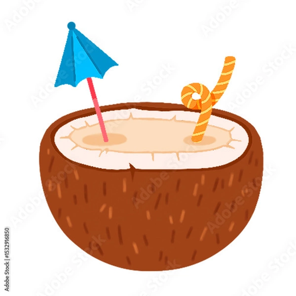 Obraz Showing flat design coconut half with creamy drink, umbrella, striped straw, transparent background