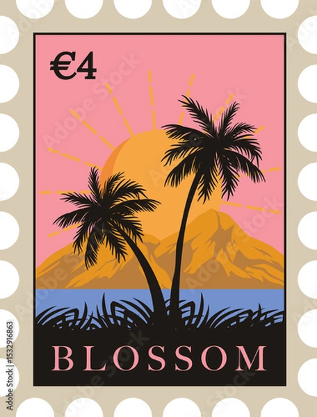 Obraz Stamp-like design is showing tropical sunset, palm trees, €4 text, transparent background