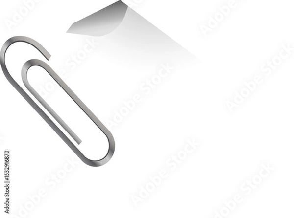 Fototapeta Silver paperclip is holding torn white paper in flat style, corner curl on transparent background