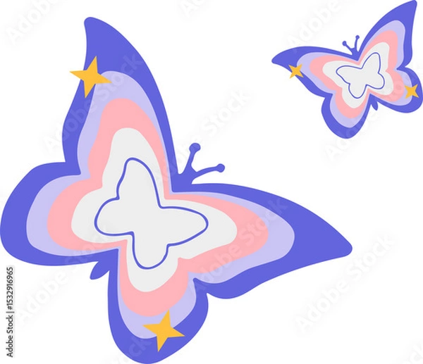 Fototapeta Showing vector butterflies with purple-to-white bands and yellow stars on transparent background