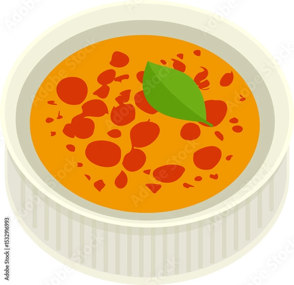 Obraz Flat design bowl is showing orange soup topdown over transparency featuring red bits and green leaf