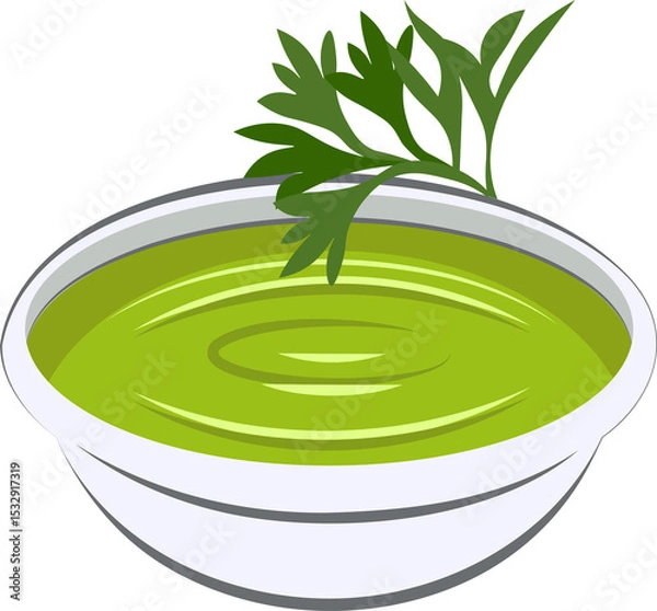 Obraz Bowl of green sauce is showing smooth graphic style with parsley sprig on transparent background