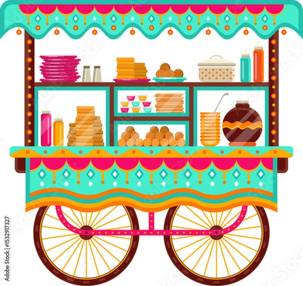 Fototapeta Flat illustration showing vibrant snack cart with canopy wheels glass case, transparent background