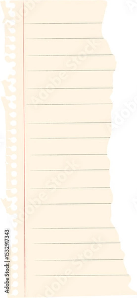 Fototapeta Torn notebook page is floating in flat design with perforations, red margin, transparent background