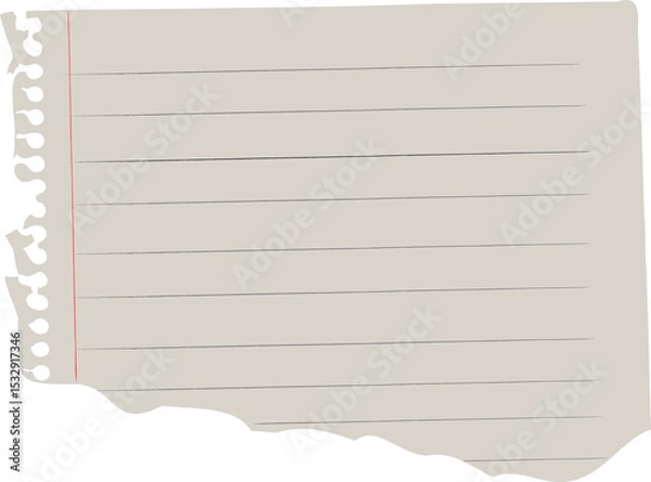Fototapeta Flat design showing torn lined paper with red margin, gray lines, holes on transparent background