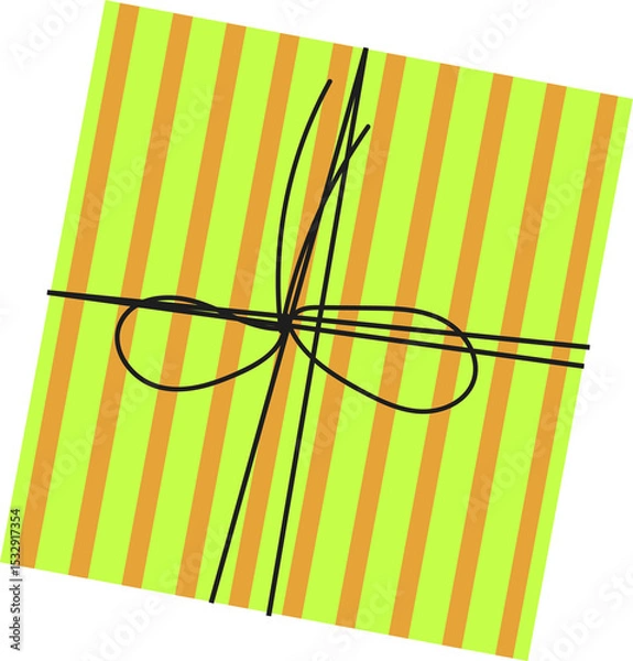 Fototapeta Floating gift lime-orange stripes tying black bow on transparent background flat design, copy space