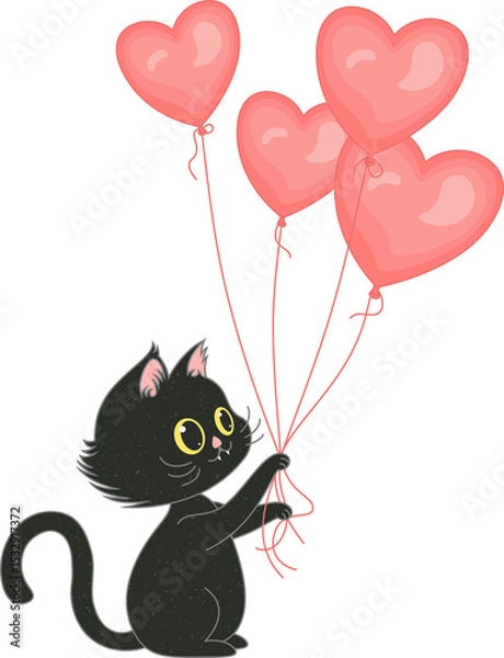 Obraz Cartoon black cat is holding four pink heart balloons by red strings, transparent background