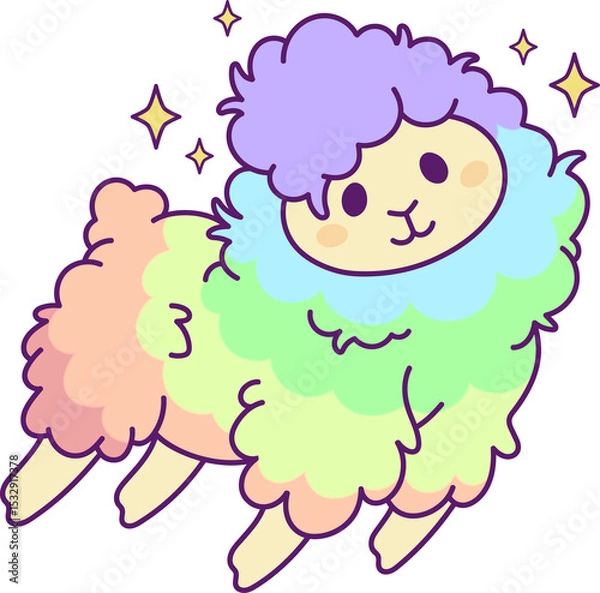Fototapeta Cartoon pastel alpaca-like creature is floating in transparent space with sparkly stars