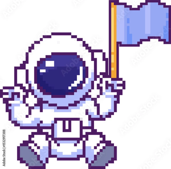 Fototapeta Pixel-art astronaut is kneeling and holding waving light blue flag on transparent background