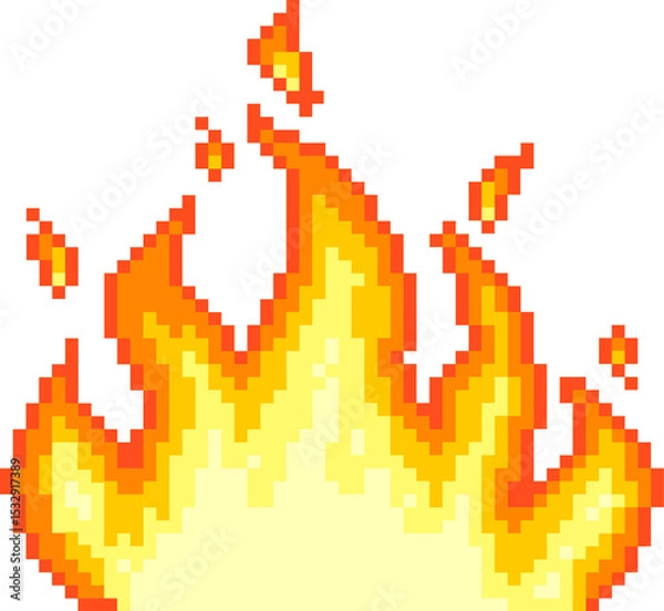 Fototapeta Pixel art flame icon is flickering with yellow core, red orange tongues, transparent background