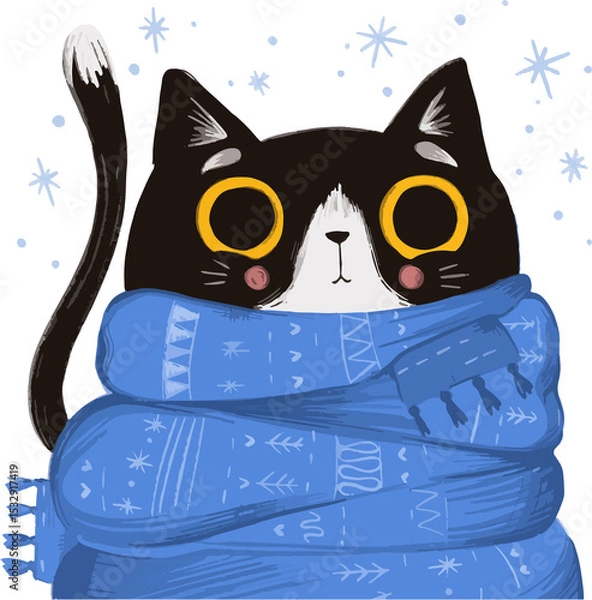 Obraz Stylized monochrome cat is wearing blue scarf, snowflakes floating on clear backdrop, copy space