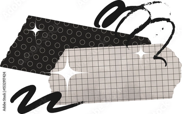 Obraz Flat vector is showing torn tape strips, star sparkles, brush accents on transparent background