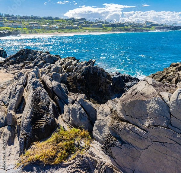 Fototapeta Volcanic Shoreline on  Makaluapuna Point With The Ironwood Cliffs Across Oneloa Bay, Kapalua Coastal Trail, Kapalua, Maui, Hawaii, USA