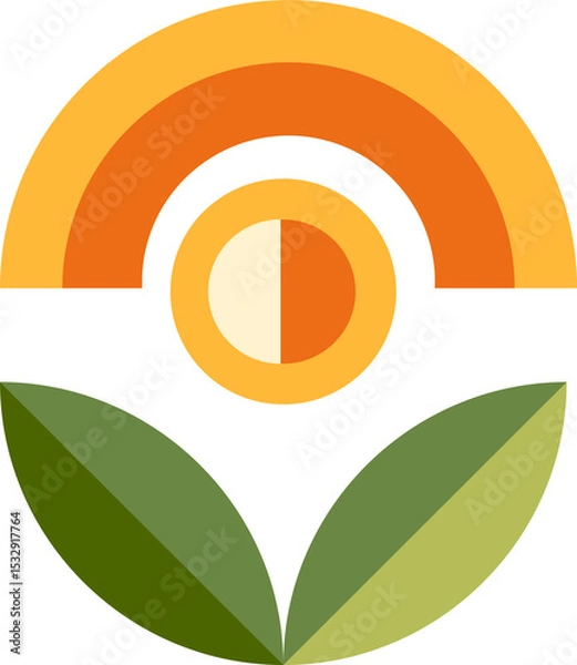 Obraz Cream and orange sun disk rising above leaves in flat design, floating on transparent backdrop