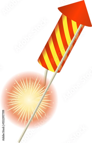 Fototapeta Flat firework rocket is launching diagonally on stick and bursting sparks on transparent background