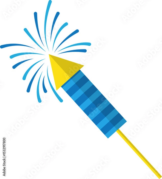 Fototapeta Stylized firework rocket is tilting in flat design, emitting blue sparks, transparent background